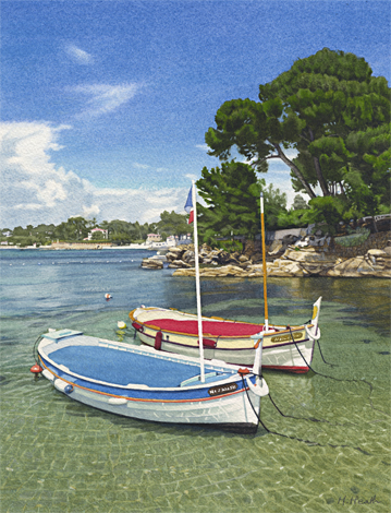 A painting of fishing boats moored Port de l'Olivette on the Cote d'Azur by Margaret Heath RSMA.